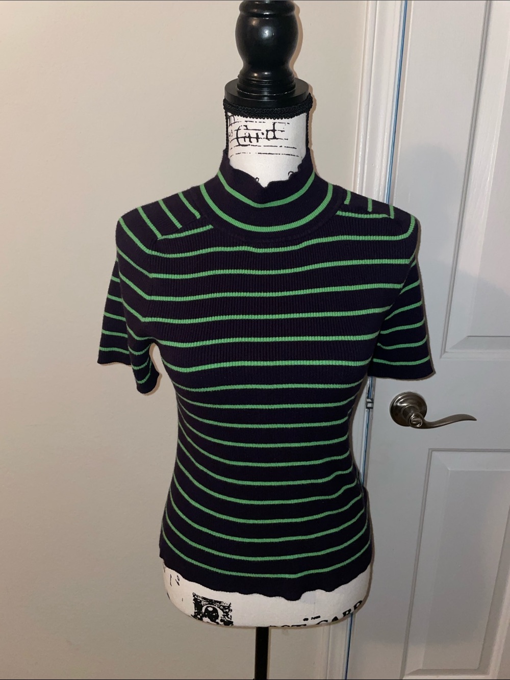 Striped Mock Neck Short Sleeve Top in Navy and Green